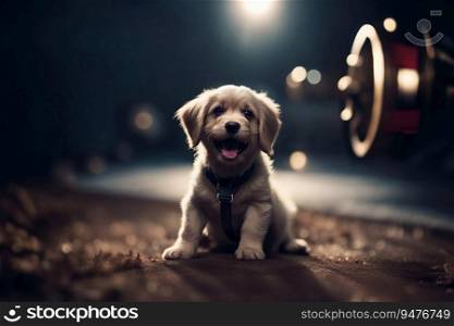 Picture of an Adorable Small Happy Puppy Sitting in Spotlight, created with Generative AI technology 