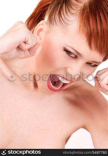 picture of angry fighting girl over white