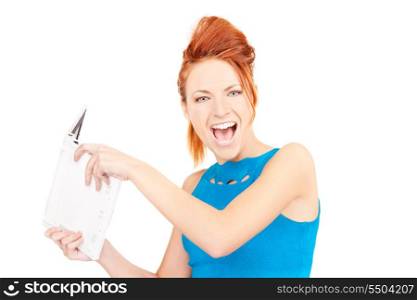 picture of angry woman with laptop computer.