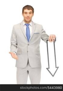 picture of attractive businessman with direction arrow sign