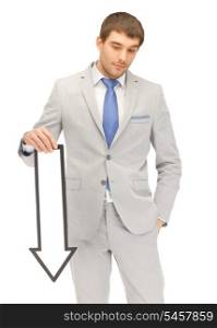 picture of attractive businessman with direction arrow sign