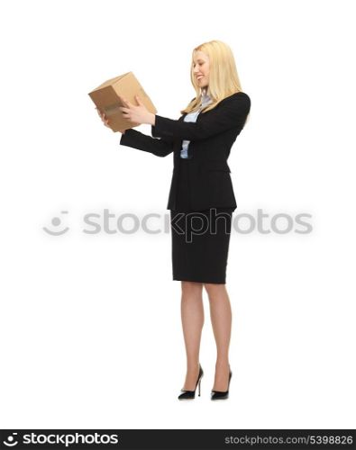 picture of attractive businesswoman holding cardboard box