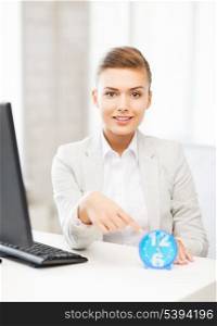 picture of attractive businesswoman pointing at clock
