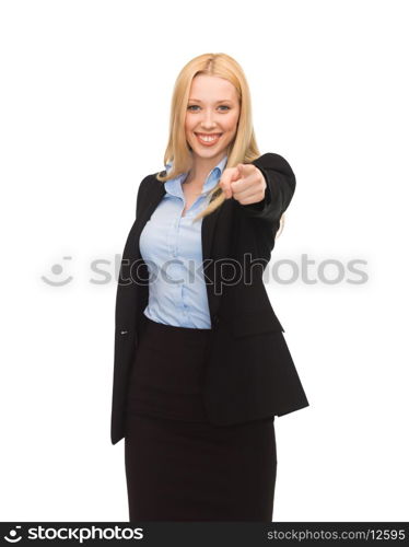 picture of attractive businesswoman pointing her finger at you