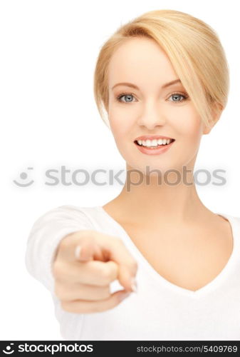 picture of attractive businesswoman pointing her finger at you