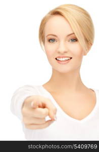 picture of attractive businesswoman pointing her finger at you