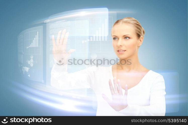 picture of attractive businesswoman touching virtual screen