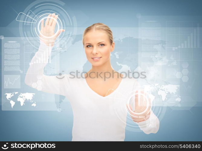 picture of attractive businesswoman touching virtual screen