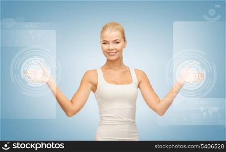 picture of attractive businesswoman touching virtual screen