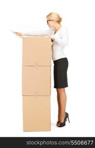 picture of attractive businesswoman with big boxes&#x9; &#xA;&#xA;