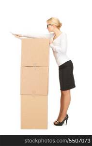 picture of attractive businesswoman with big boxes&#x9; &#xA;&#xA;