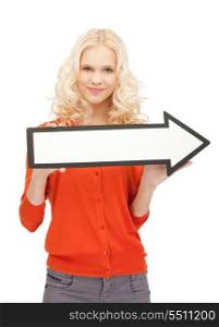 picture of attractive businesswoman with direction arrow sign