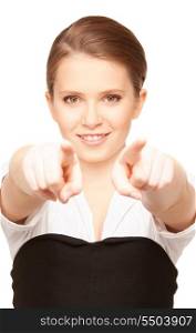picture of attractive young businesswoman pointing her fingers
