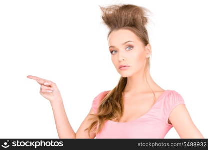 picture of attractive young woman pointing her finger