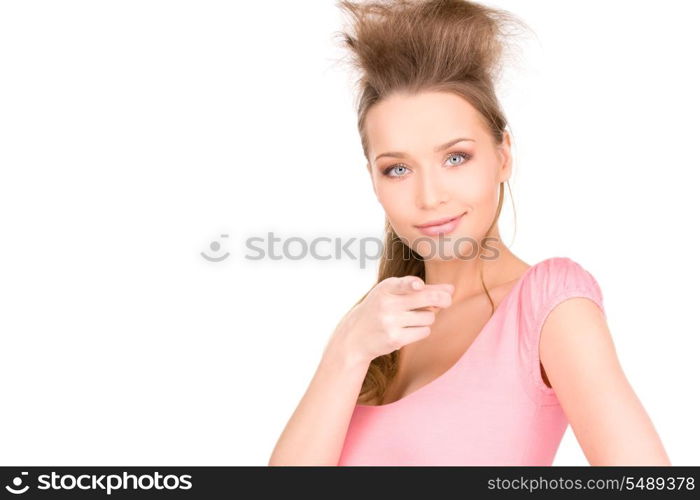 picture of attractive young woman pointing her finger