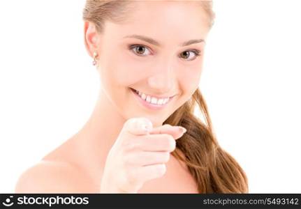 picture of attractive young woman pointing her finger