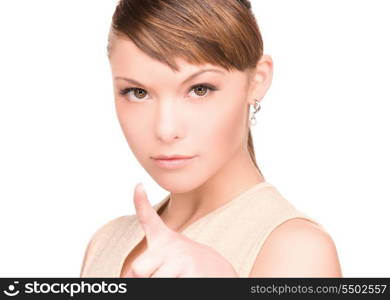 picture of attractive young woman pointing her finger