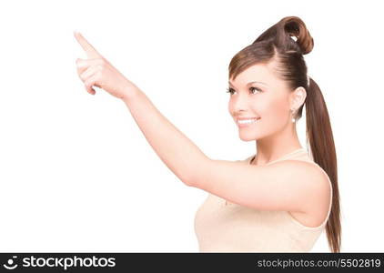 picture of attractive young woman pointing her finger