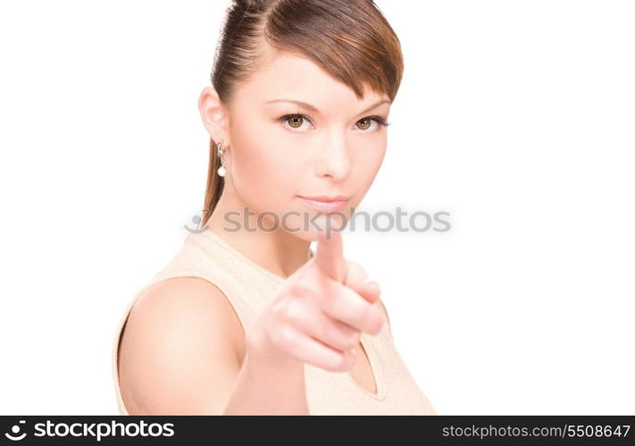 picture of attractive young woman pointing her finger