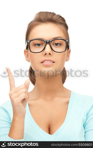 picture of attractive young woman with her finger up