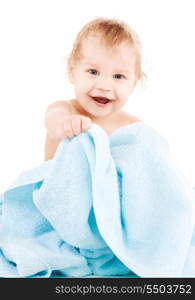 picture of baby boy with blue towel over white