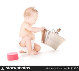 picture of baby boy with wash-tub over white