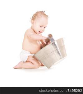 picture of baby boy with wash-tub over white