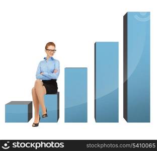 picture of beautiful businesswoman sitting on big 3d chart