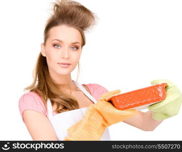 picture of beautiful cooking housewife over white