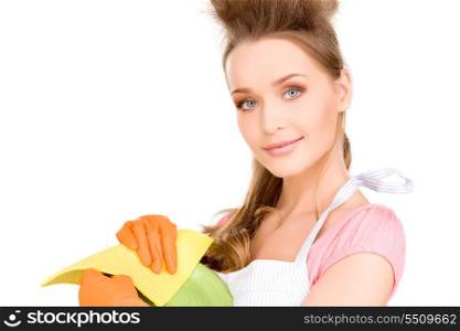 picture of beautiful housewife washing dish over white