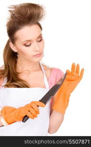 picture of beautiful housewife with big knife