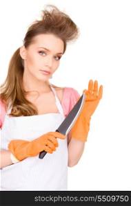 picture of beautiful housewife with big knife