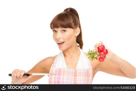 picture of beautiful housewife with big knife and radish&#xA;