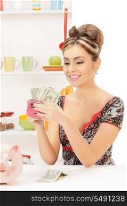 picture of beautiful housewife with purse and money