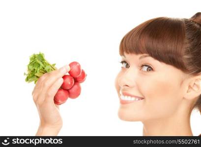 picture of beautiful housewife with radish over white