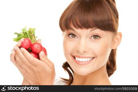 picture of beautiful housewife with radish over white