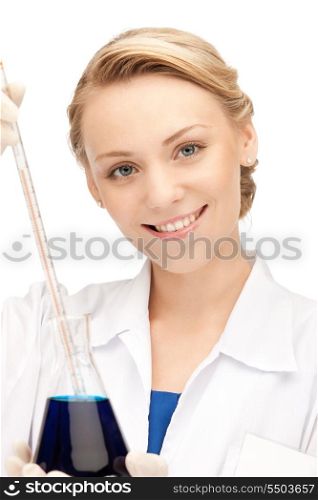 picture of beautiful lab worker holding up test tube
