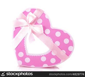 Picture of beautiful pink heart-shaped gift-box isolated on white background, romantic present with decorative ribbon bow, Valentine day, luxury symbolic container for holiday sweets, love concept&#xA;