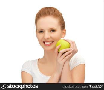 picture of beautiful teenage girl with green apple.