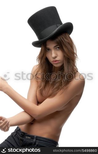 picture of beautiful topless woman in top hat