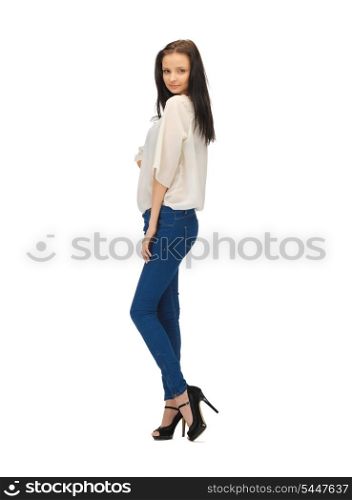 picture of beautiful woman in casual clothes on high heels