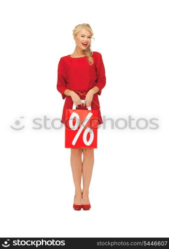picture of beautiful woman in red dress with shopping bag