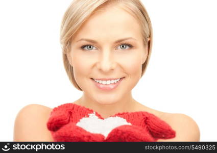 picture of beautiful woman in red mittens with snow&#xA;