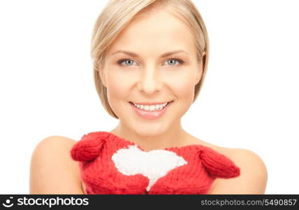 picture of beautiful woman in red mittens with snow&#xA;