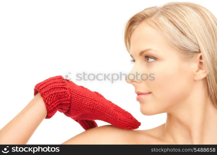 picture of beautiful woman in red mittens&#xA;