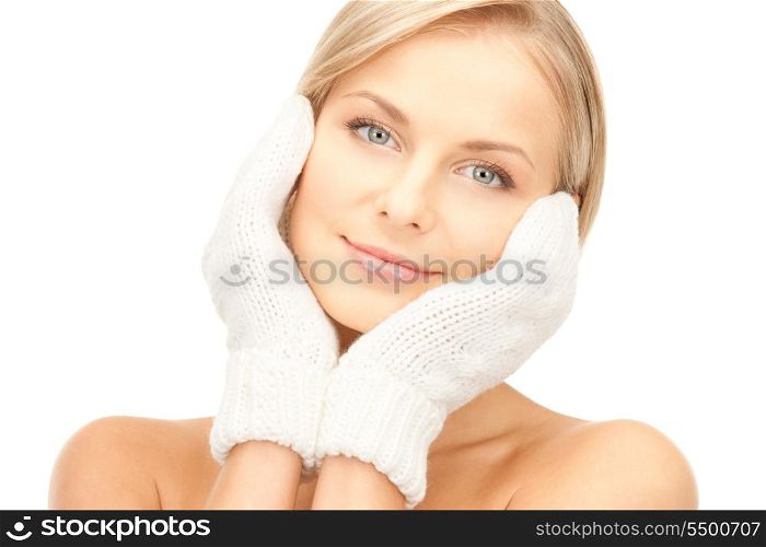 picture of beautiful woman in white mittens
