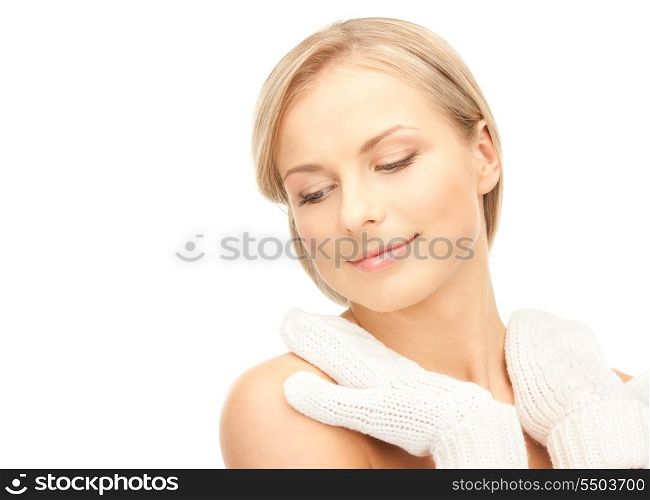 picture of beautiful woman in white mittens