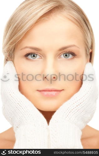 picture of beautiful woman in white mittens&#xA;