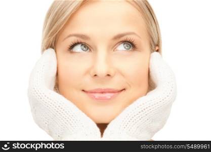 picture of beautiful woman in white mittens&#xA;