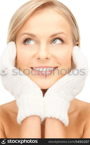 picture of beautiful woman in white mittens&#xA;